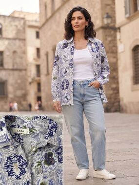 LARA Blue &White Botanical Animal Print 100% Rayon Button-Down Shirt Size M Boho